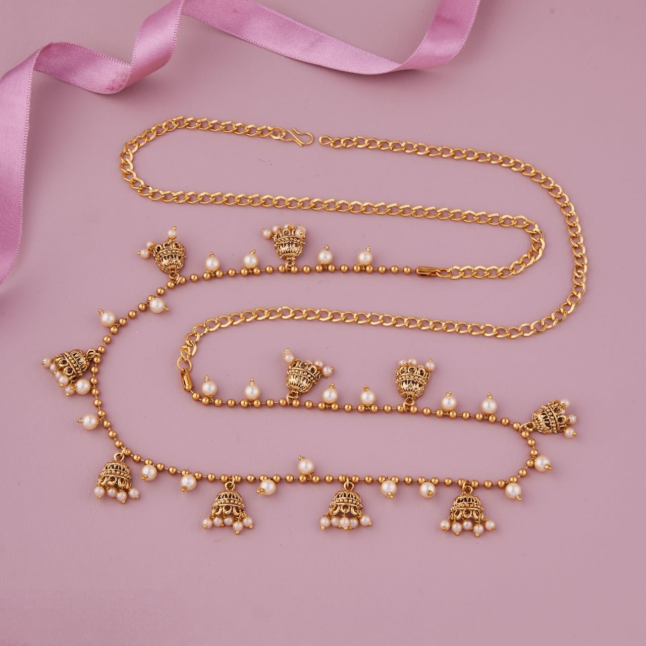 Traditional Golden Beads Waist Hip Chains Kamarband with Pearl Drops Ethnic Waist Chain Saree Vaddanam for Women & Girls
