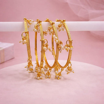 Traditional Gold Plated Textured Kashmiri Pearl Bangle Set for Women | Designer Pearl Charm Bangles | Traditional Kashmiri Fashion Jewellery (Set of 4)