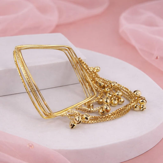 Stylish Gold Plated Ghunghru Tassel Square Shape Bangle Set for Women | Designer Cable Chain Charm Bangles | Party, Festive & Ethnic Traditional Jewellery (Set of 4)