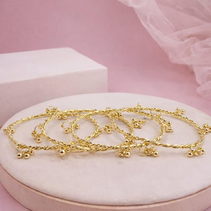 Traditional Gold Plated Rope Textured Kashmiri Bangle Set for Women | Designer Ghunghru Charm Bangles | Ethnic Kashmiri Jewellery (Set of 4)