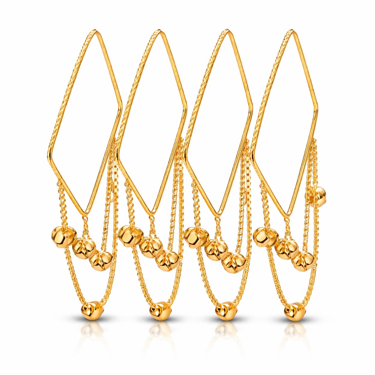 Stylish Gold Plated Ghunghru Tassel Square Shape Bangle Set for Women | Designer Cable Chain Charm Bangles | Party, Festive & Ethnic Traditional Jewellery (Set of 4)