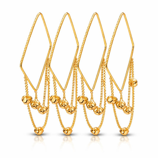 Stylish Gold Plated Ghunghru Tassel Square Shape Bangle Set for Women | Designer Cable Chain Charm Bangles | Party, Festive & Ethnic Traditional Jewellery (Set of 4)