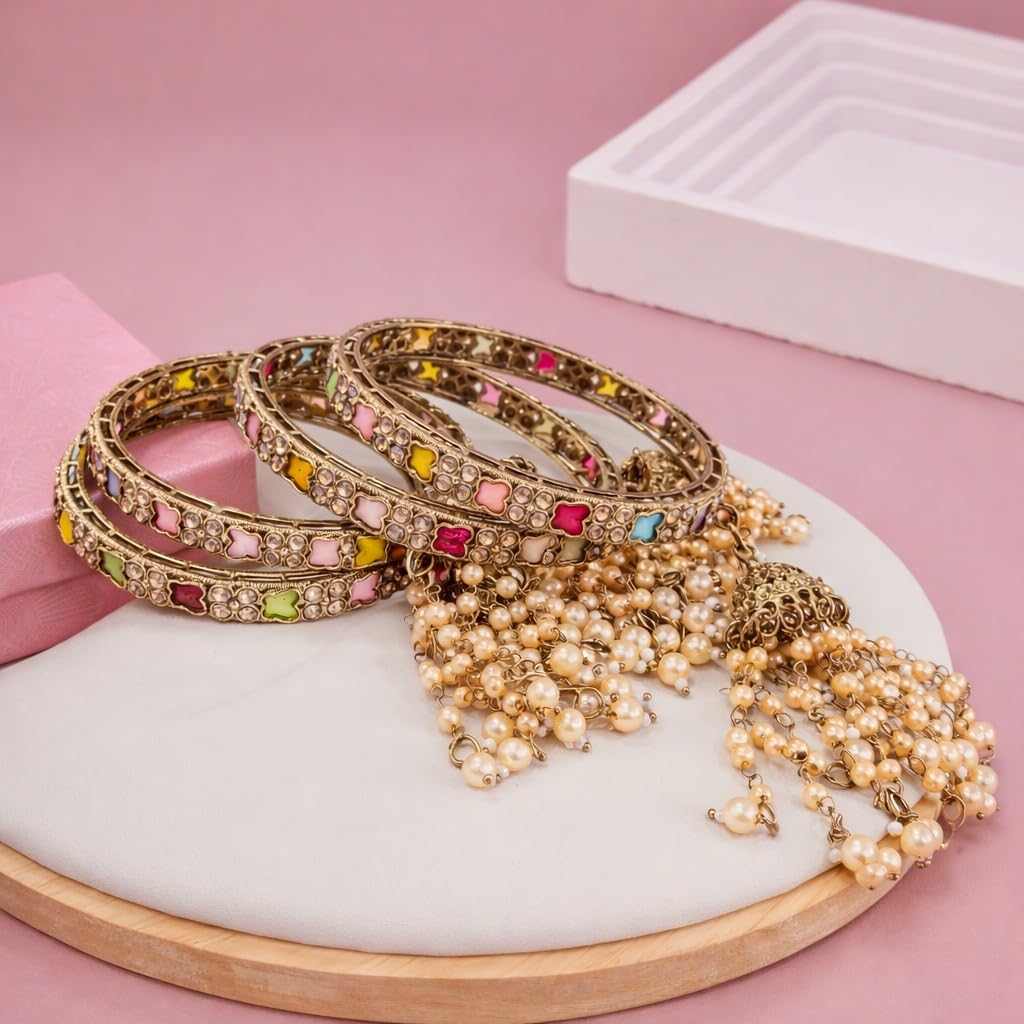 Traditional Gold Plated Colorful Kundan CZ & Pearl Bangle Set for Women | Designer Multicolor Stone Bangles with Pearl Hanging Charm | Traditional Jewellery (Set of 4)