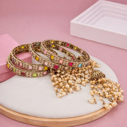 Traditional Gold Plated Colorful Kundan CZ & Pearl Bangle Set for Women | Designer Multicolor Stone Bangles with Pearl Hanging Charm | Traditional Jewellery (Set of 4)