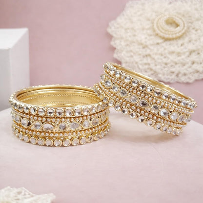 Traditional Gold Plated Kundan & Pearl Bangle Set for Women | Round & Teardrop Stone Designer Bangles | Ethnic Wedding, Festive & Party Fashion Jewellery (Set of 6)