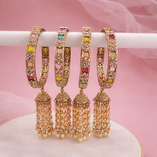 Traditional Gold Plated Colorful Kundan CZ & Pearl Bangle Set for Women | Designer Multicolor Stone Bangles with Pearl Hanging Charm | Traditional Jewellery (Set of 4)