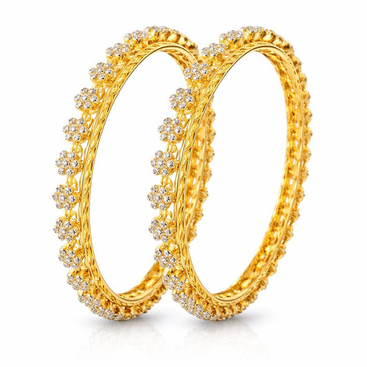 Minimalist Gold Plated Floral CZ Bangle Set for Women | Elegant Flower Designer Cubic Zirconia Bangles | Ethnic Occasion & Party Fashion Jewellery (Set of 2)