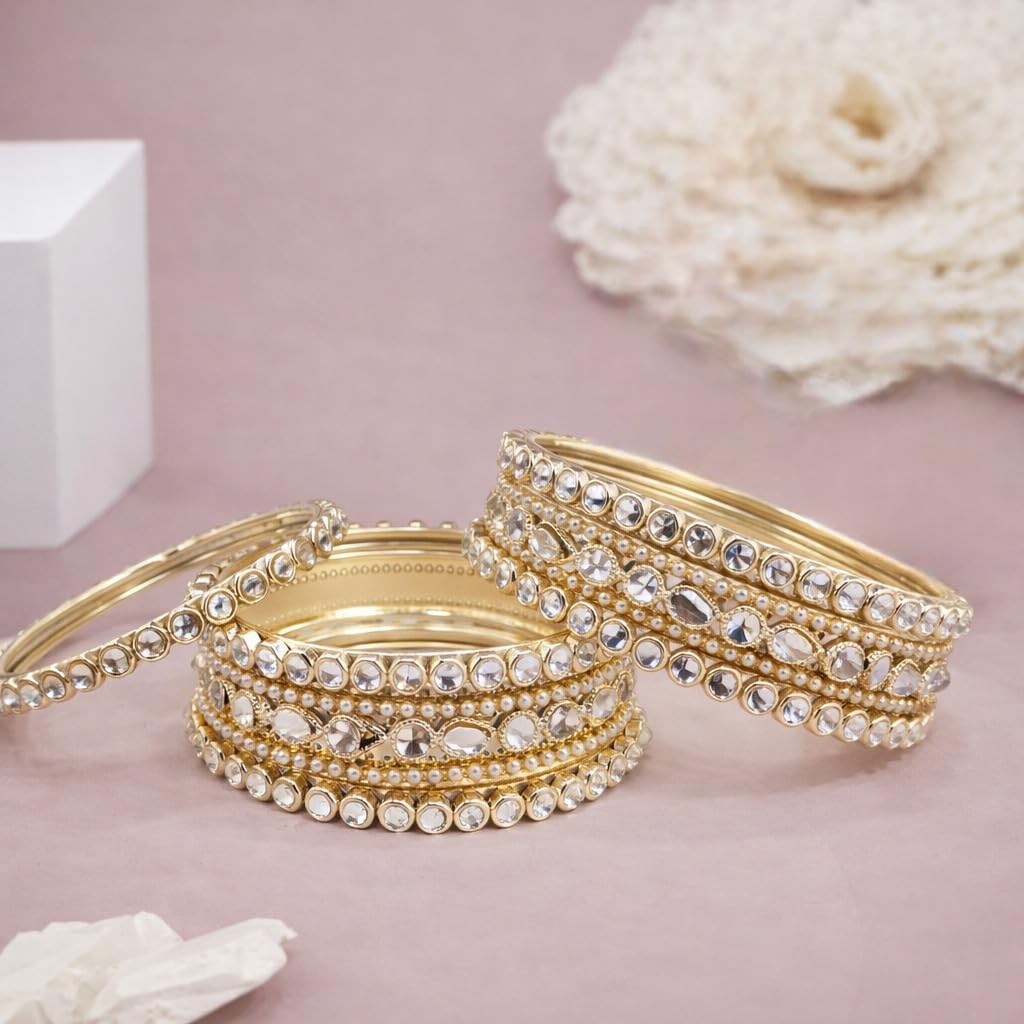 Traditional Gold Plated Kundan & Pearl Bangle Set for Women | Round & Teardrop Stone Designer Bangles | Ethnic Wedding, Festive & Party Fashion Jewellery (Set of 6)