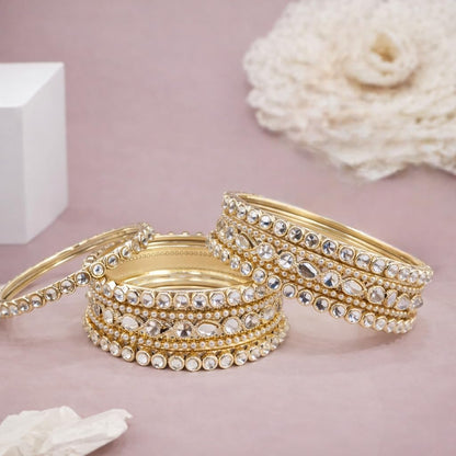 Traditional Gold Plated Kundan & Pearl Bangle Set for Women | Round & Teardrop Stone Designer Bangles | Ethnic Wedding, Festive & Party Fashion Jewellery (Set of 6)