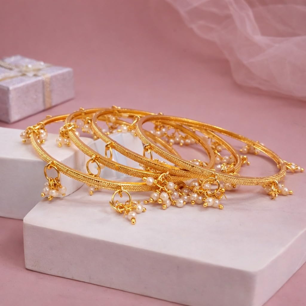 Traditional Gold Plated Textured Kashmiri Pearl Bangle Set for Women | Designer Pearl Charm Bangles | Traditional Kashmiri Fashion Jewellery (Set of 4)