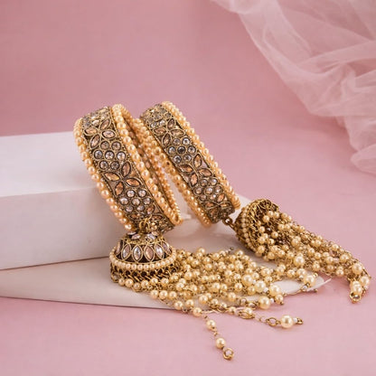 Traditional Gold Plated Kundan & Pearl Bangle Set for Women | Designer Pearl Hanging Charm Bangles | Bridal, Wedding & Festive Traditional Jewellery (Set of 2)