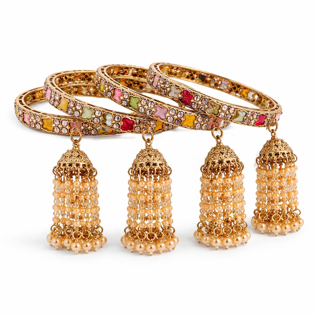 Traditional Gold Plated Colorful Kundan CZ & Pearl Bangle Set for Women | Designer Multicolor Stone Bangles with Pearl Hanging Charm | Traditional Jewellery (Set of 4)