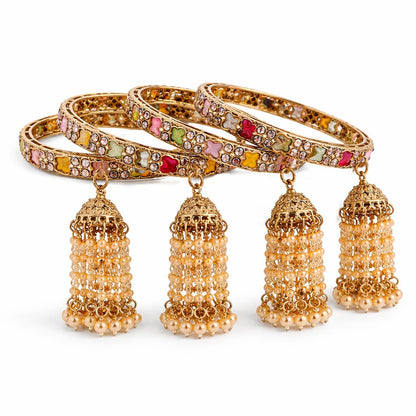 Traditional Gold Plated Colorful Kundan CZ & Pearl Bangle Set for Women | Designer Multicolor Stone Bangles with Pearl Hanging Charm | Traditional Jewellery (Set of 4)