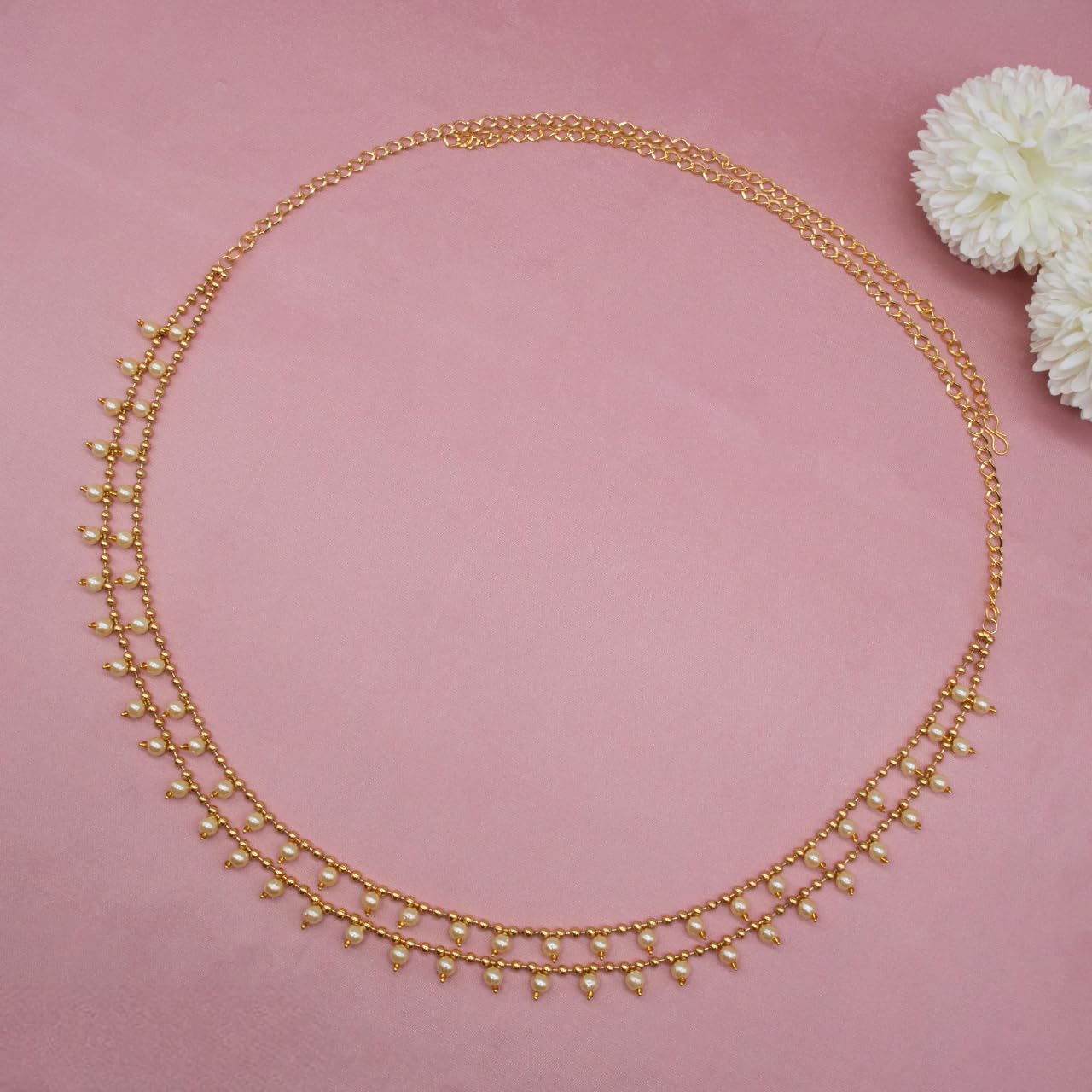 Traditional Golden Beads Waist Hip Chains Kamarband with Pearl Drops Ethnic Waist Chain Saree Vaddanam for Women & Girls