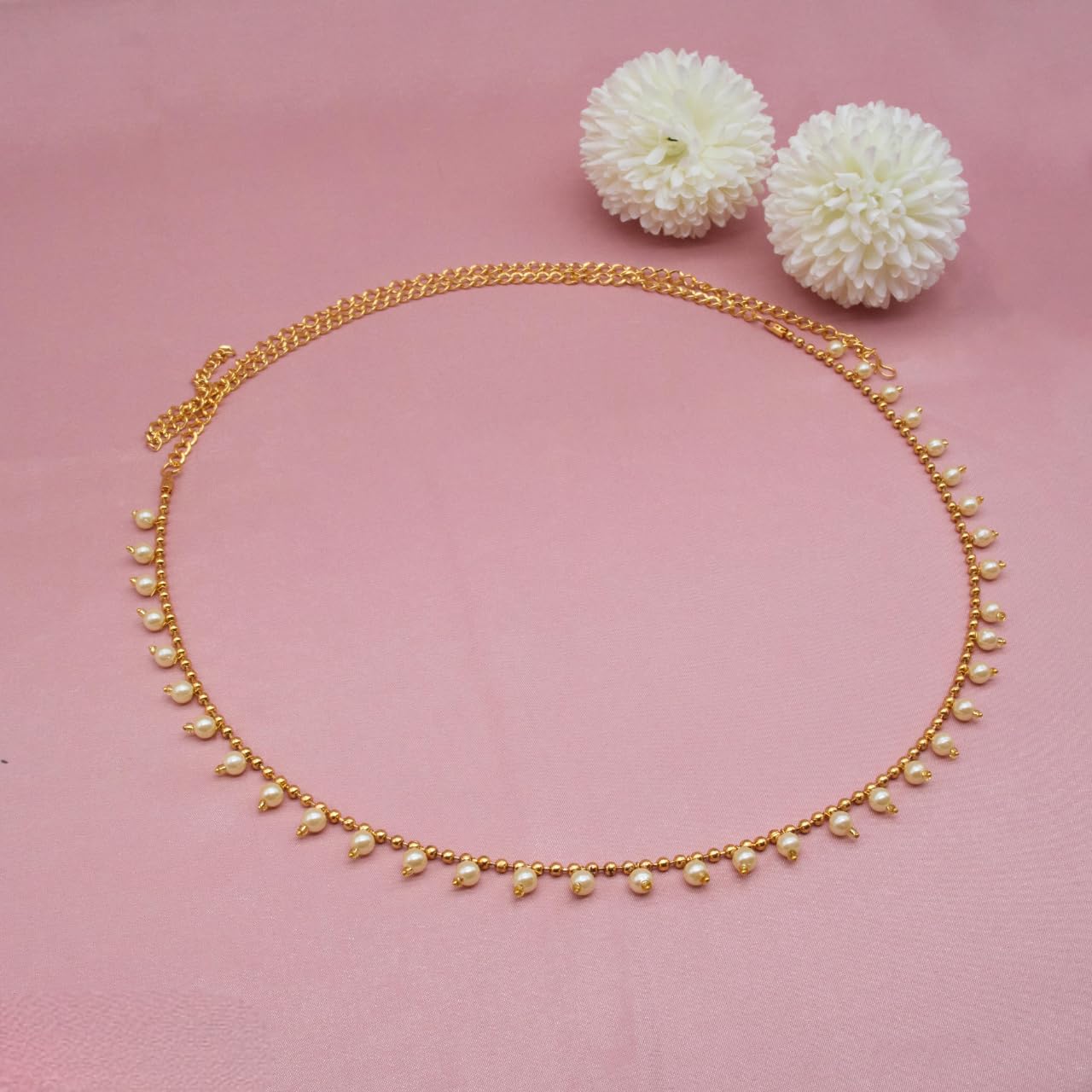 Traditional Golden Beads Waist Hip Chains Kamarband with Pearl Drops Ethnic Waist Chain Saree Vaddanam for Women & Girls