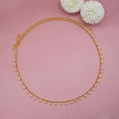 Traditional Golden Beads Waist Hip Chains Kamarband with Pearl Drops Ethnic Waist Chain Saree Vaddanam for Women & Girls