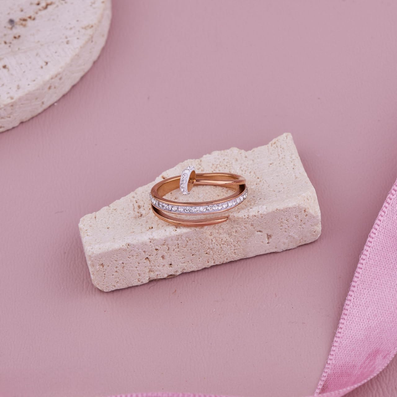 Modern Rose Gold Plated Nail Shaped Ring with Sparkling Diamonds