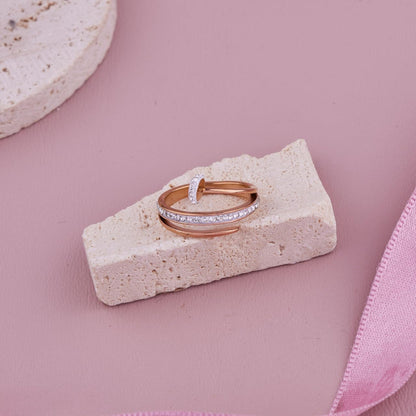 Modern Rose Gold Plated Nail Shaped Ring with Sparkling Diamonds