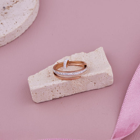 Modern Rose Gold Plated Nail Shaped Ring with Sparkling Diamonds
