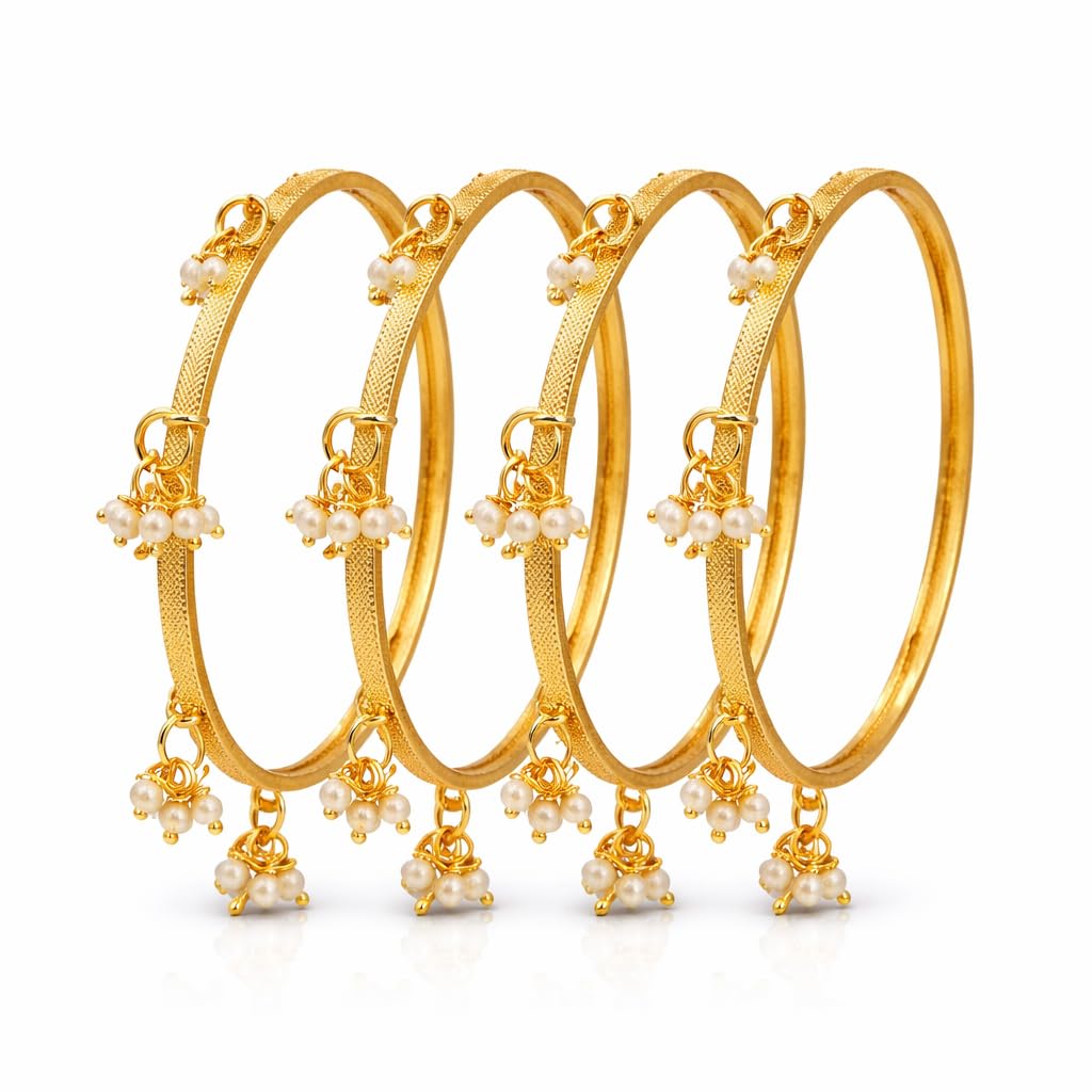 Traditional Gold Plated Textured Kashmiri Pearl Bangle Set for Women | Designer Pearl Charm Bangles | Traditional Kashmiri Fashion Jewellery (Set of 4)