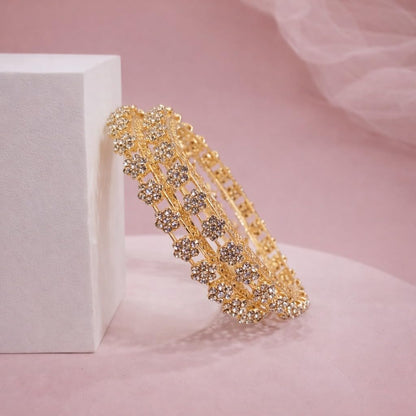 Minimalist Gold Plated Floral CZ Bangle Set for Women | Elegant Flower Designer Cubic Zirconia Bangles | Ethnic Occasion & Party Fashion Jewellery (Set of 2)