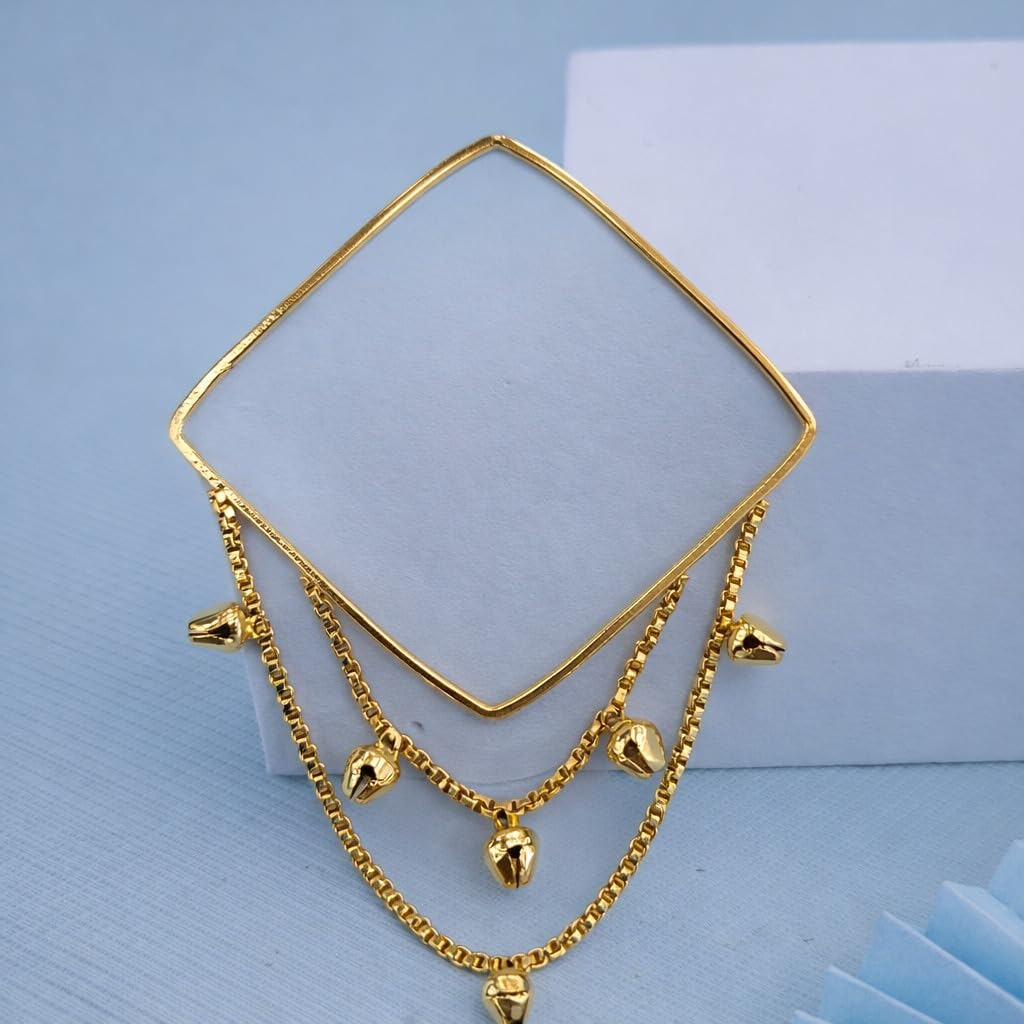 Stylish Gold Plated Ghunghru Tassel Square Shape Bangle Set for Women | Designer Cable Chain Charm Bangles | Party, Festive & Ethnic Traditional Jewellery (Set of 4)