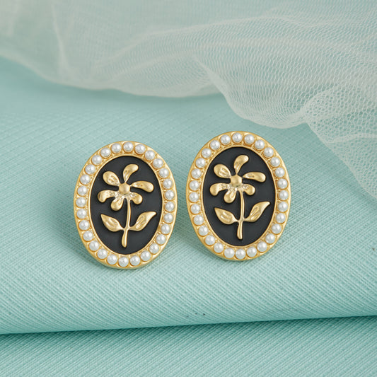 Floral & Pearl Earrings with Gold Accents — Sophisticated Elegance