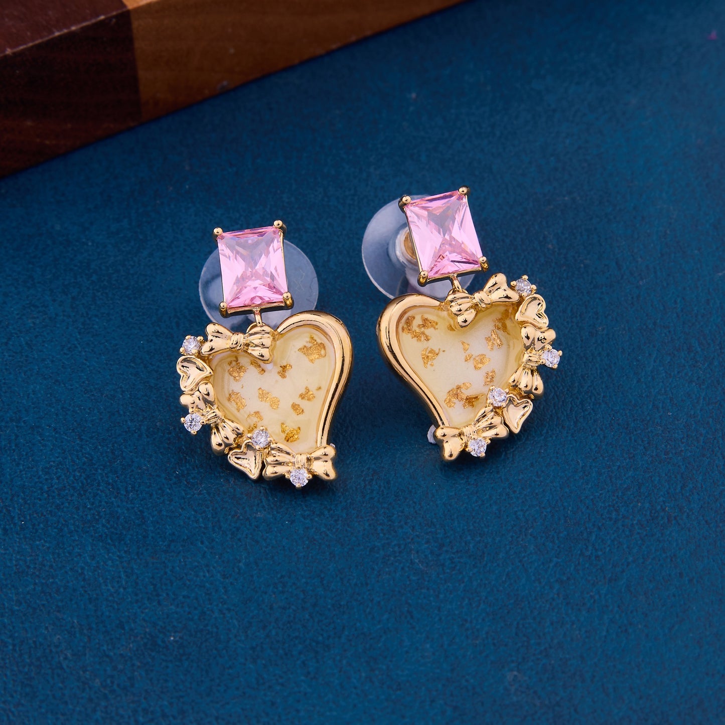 Gold Heart Earrings with Pink & White Stones