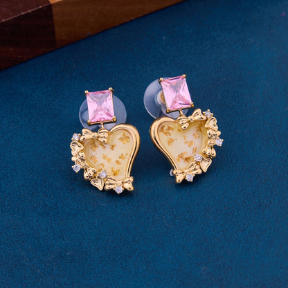 Gold Heart Earrings with Pink & White Stones