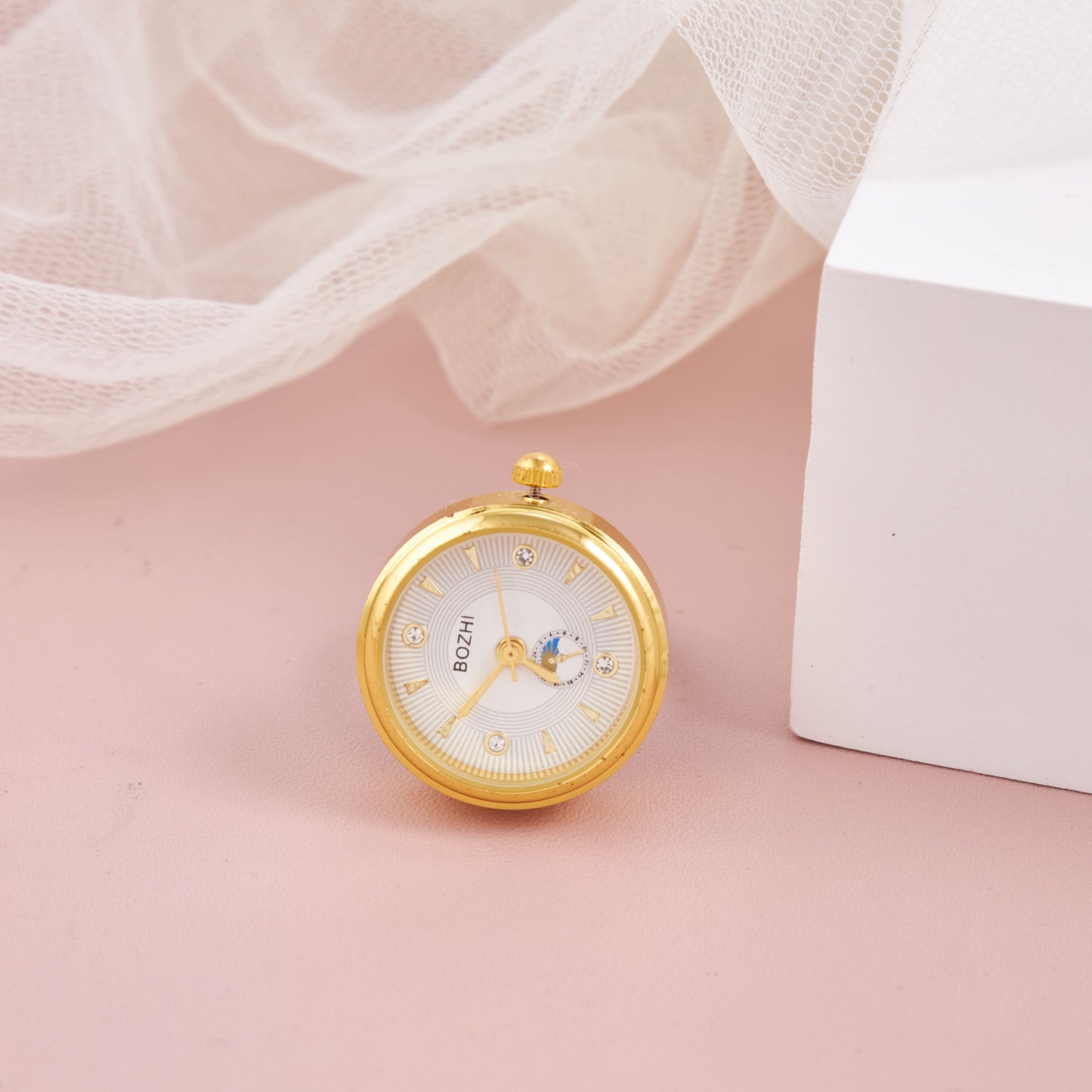 Elegant Gold Tone Ring Watch with Crystal Markers – Stylish & Adjustable