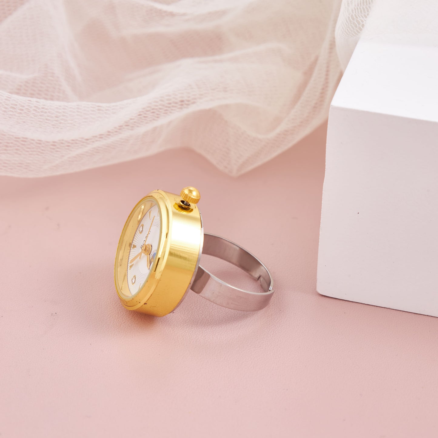 Elegant Gold Tone Ring Watch with Crystal Markers – Stylish & Adjustable