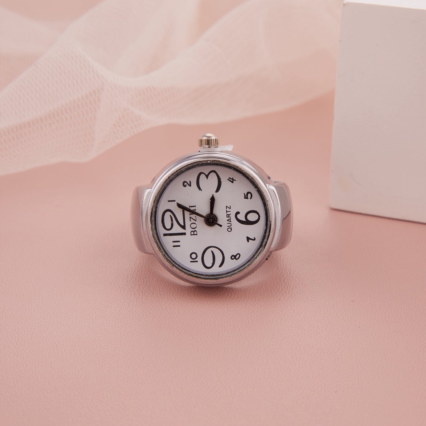 Silver-Toned Bold Number Dial Adjustable Ring Watch for Women