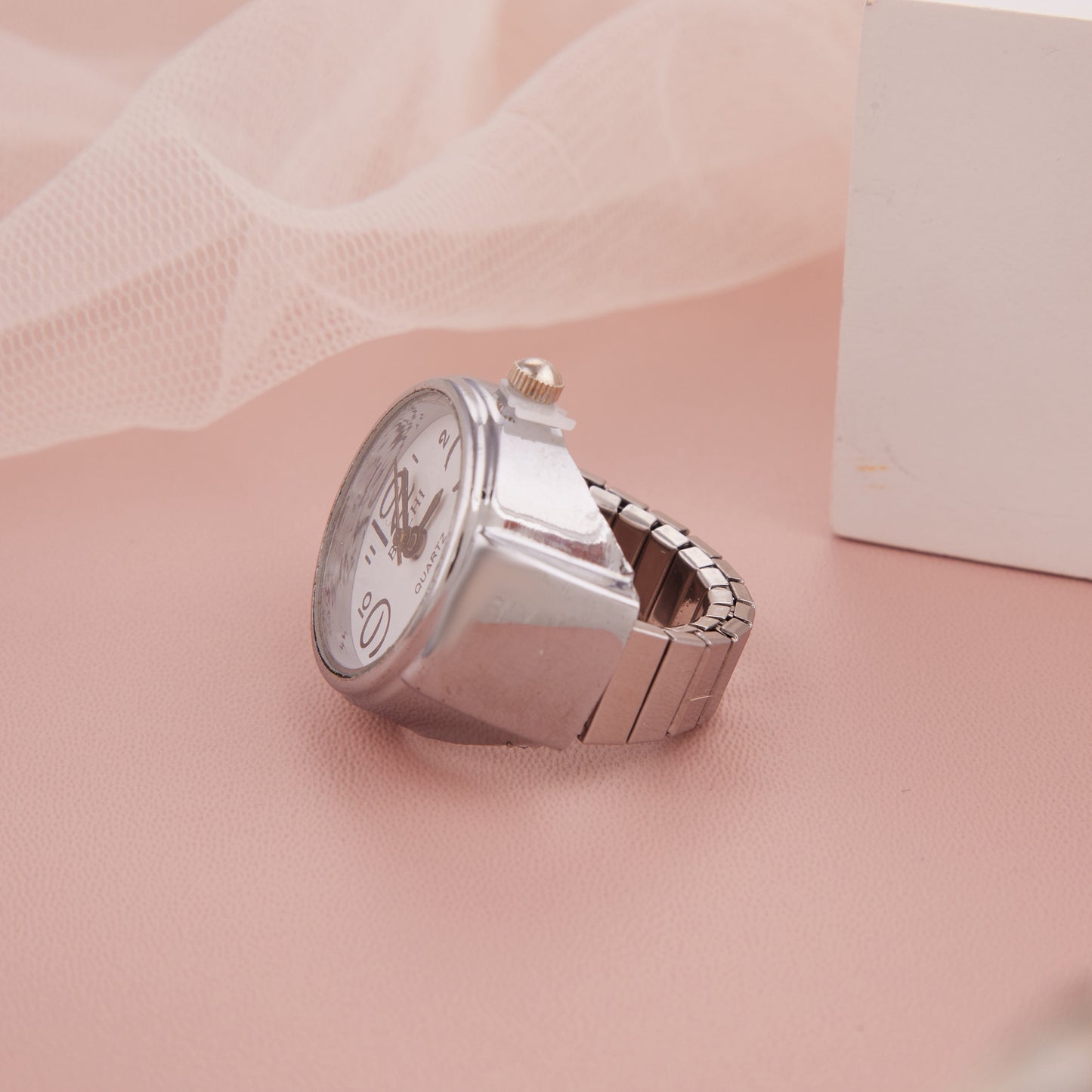 Silver-Toned Bold Number Dial Adjustable Ring Watch for Women