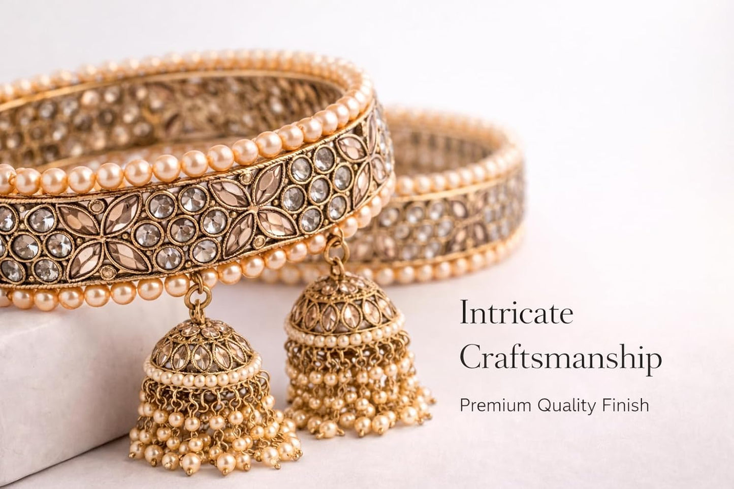 Traditional Gold Plated Kundan & Pearl Bangle Set for Women | Designer Pearl Hanging Charm Bangles | Bridal, Wedding & Festive Traditional Jewellery (Set of 2)