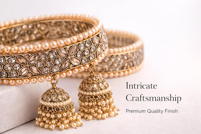 Traditional Gold Plated Kundan & Pearl Bangle Set for Women | Designer Pearl Hanging Charm Bangles | Bridal, Wedding & Festive Traditional Jewellery (Set of 2)