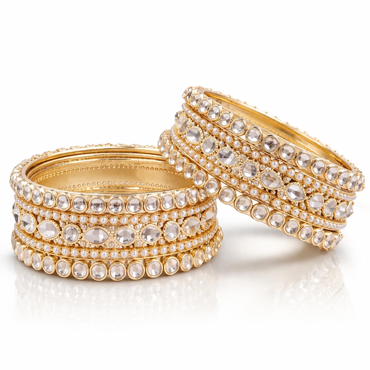 Traditional Gold Plated Kundan & Pearl Bangle Set for Women | Round & Teardrop Stone Designer Bangles | Ethnic Wedding, Festive & Party Fashion Jewellery (Set of 6)