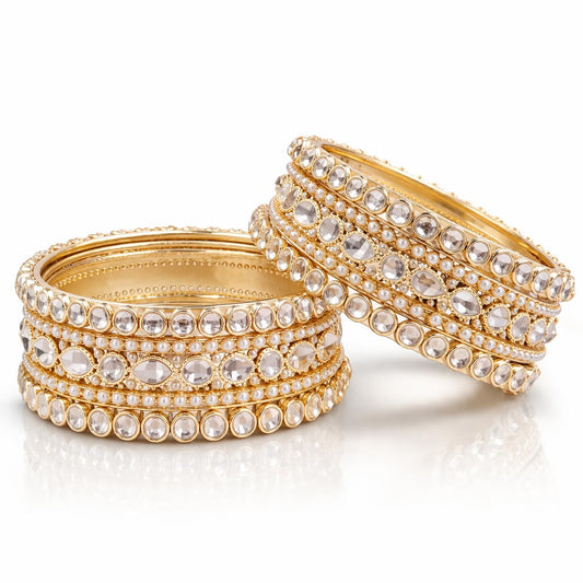 Traditional Gold Plated Kundan & Pearl Bangle Set for Women | Round & Teardrop Stone Designer Bangles | Ethnic Wedding, Festive & Party Fashion Jewellery (Set of 6)