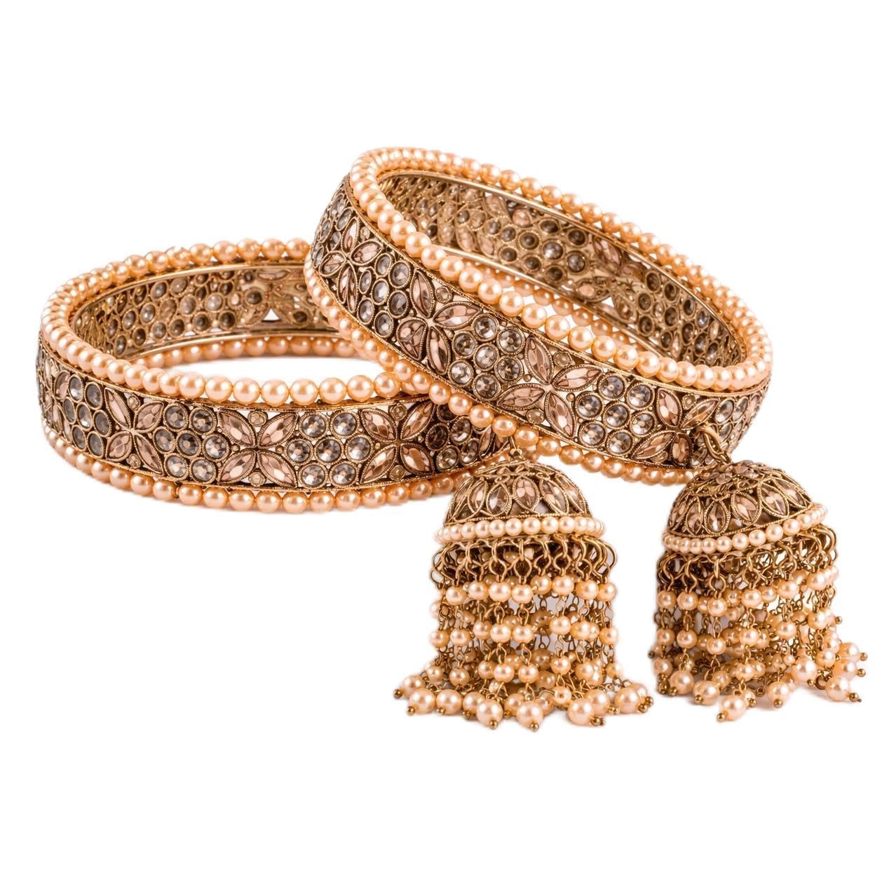Traditional Gold Plated Kundan & Pearl Bangle Set for Women | Designer Pearl Hanging Charm Bangles | Bridal, Wedding & Festive Traditional Jewellery (Set of 2)