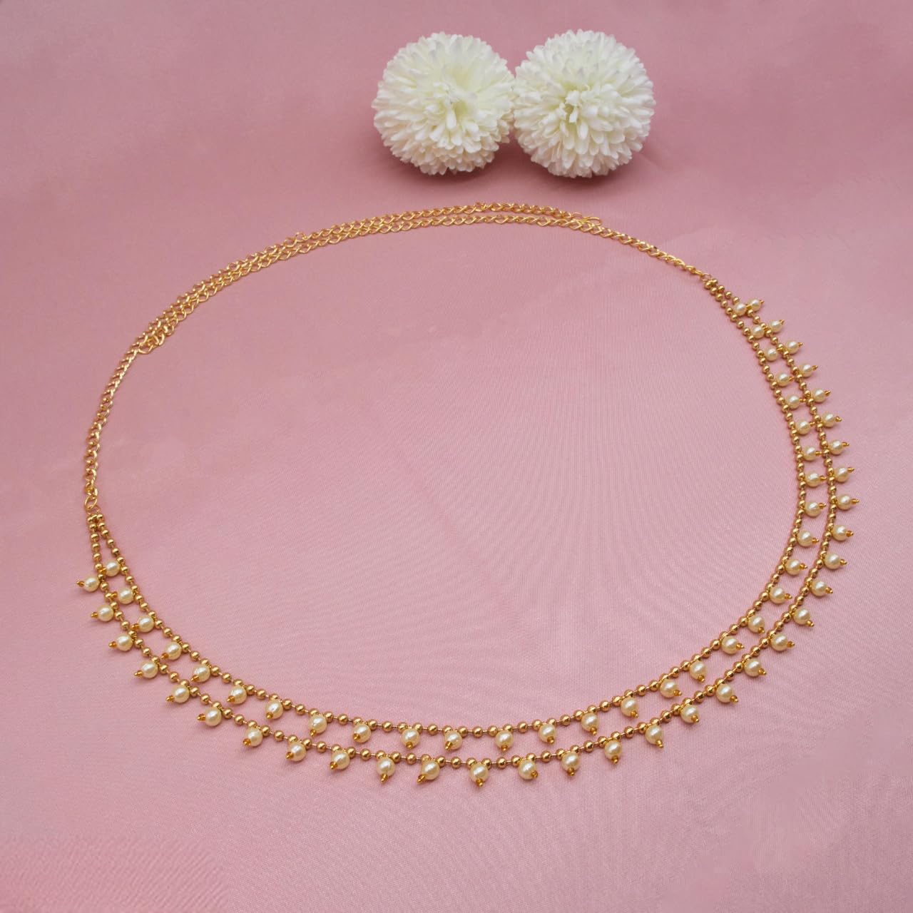 Traditional Golden Beads Waist Hip Chains Kamarband with Pearl Drops Ethnic Waist Chain Saree Vaddanam for Women & Girls