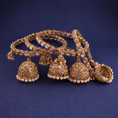 Traditional Gold Plated Oval Kundan & Pearl Bangle Set for Women | Designer Stone Bangles with Pearl Hanging Charm | Traditional Jewellery (Set of 4)