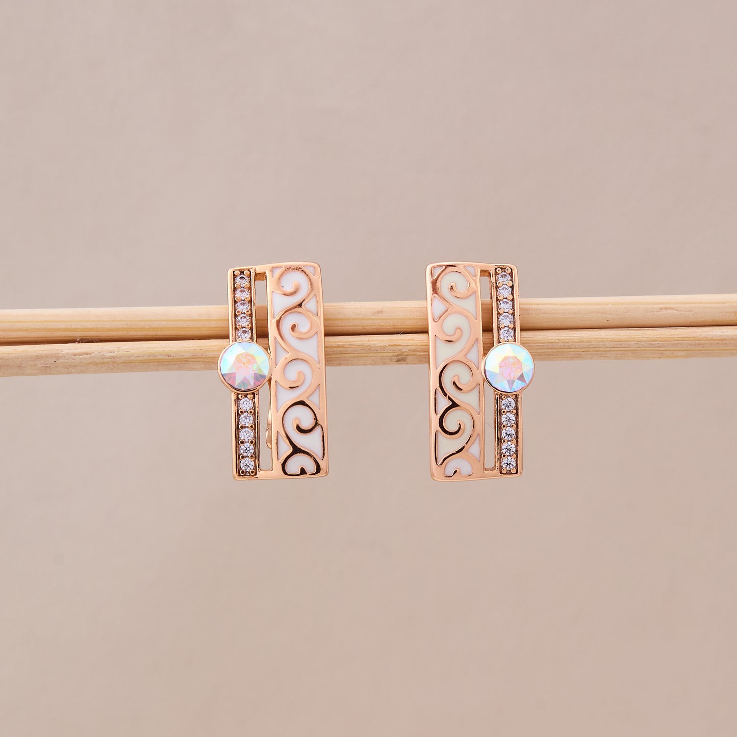 Gold Enamel Opal Stud Earrings