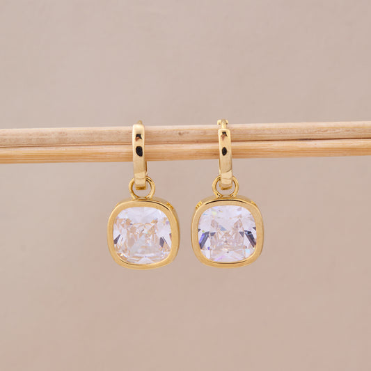 Gold Cushion-Cut Crystal Drop Earrings