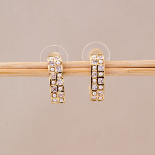 Gold Hoop Earrings with Pearl & Square Crystal Detailing