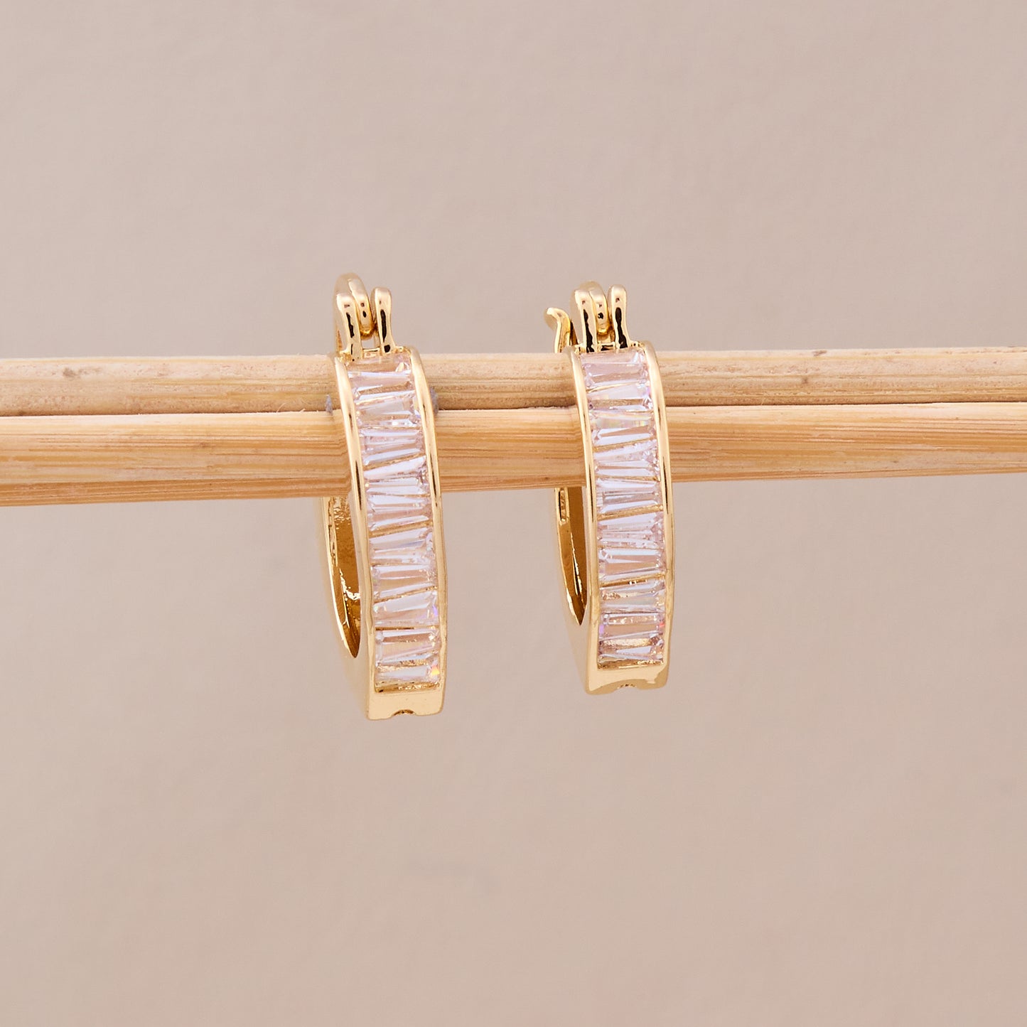Gold Heart Hoop Earrings with Baguette-Cut CZ Stones