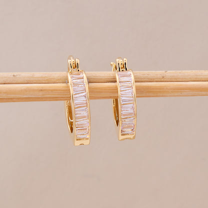 Gold Heart Hoop Earrings with Baguette-Cut CZ Stones
