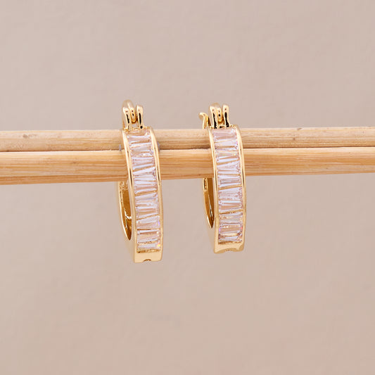 Gold Heart Hoop Earrings with Baguette-Cut CZ Stones