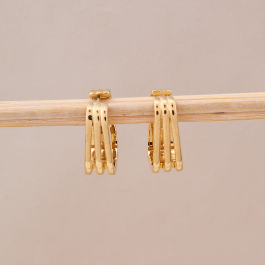 Gold Square Hoop Earrings with Triple Bar Design