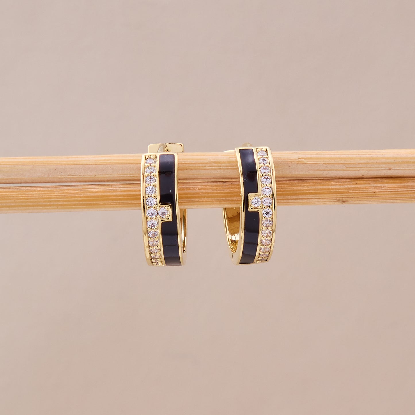 Gold & Black Enamel Hoop Earrings