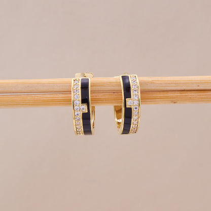 Gold & Black Enamel Hoop Earrings
