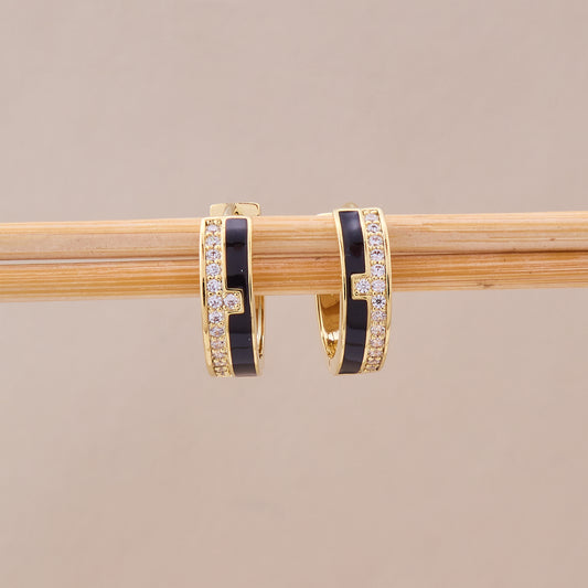 Gold & Black Enamel Hoop Earrings